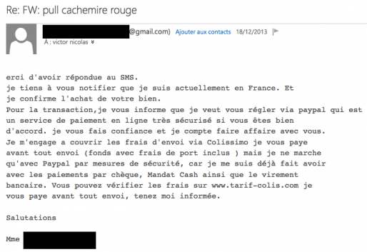 Capture d'écran du mail de confirmation envoyé par l'arnaqueuse