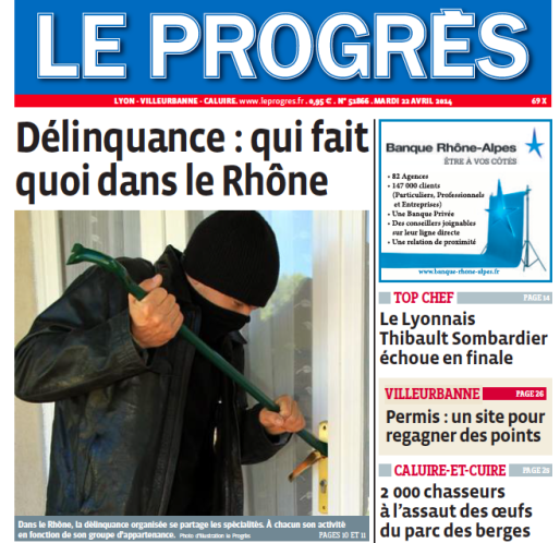 Le Une du quotidien régional Le Progrès ce mardi 22 avril 2014.