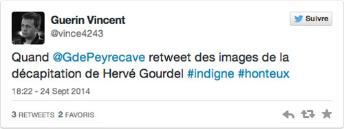 Vincent Guerin réagit au tweet de Garbiel de Peyrcave, suite à l'exécution d'Hervé Gourdel © Capture d'écran Twitter 