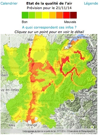 Carte de l'"épisode de pollution" du 21 novembre 2014. Capture d'écran d'Air Rhône-Alpes