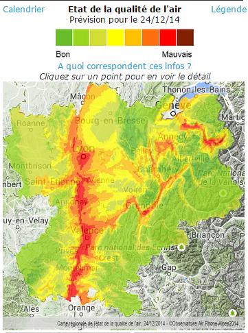 Carte des "prévions pollution" pour le 24 décembre 2014. Capture d’écran d’Air Rhône-Alpes