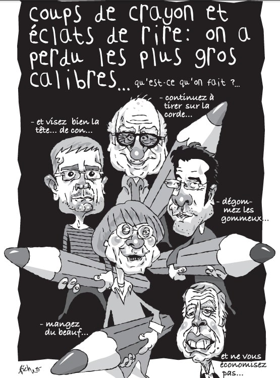 Dessin de Patrickk Fiche dans les Potins d'Angele du 15 janvier en hommage à Charlie Hebdo. 