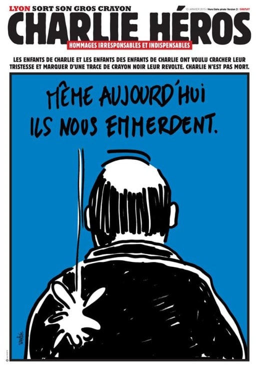 La Une de Charlie Héros, distribué le 13 janvier à Lyon. Par W@lter.