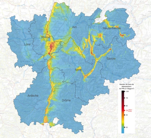 Carte des particules fines PM10 modélisée sur la région Rhône-Alpes_en_2013, en nombre de jour de dépassement réglementaire