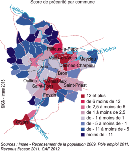 Les zones de précarité se concentrent dans l'est lyonnais © INSEE Rhône-Alpes
