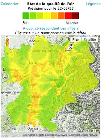 Bulletin de l'observatoire Air Rhône-Alpes du dimanche 22 mars à 12h.  Capture d'écran