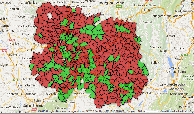 En rouge les communes au-dessus de la moyenne de 1 médecin pour 1300 habitants, en vert celles présentant 1 médecin pour moins de 1300 habitants