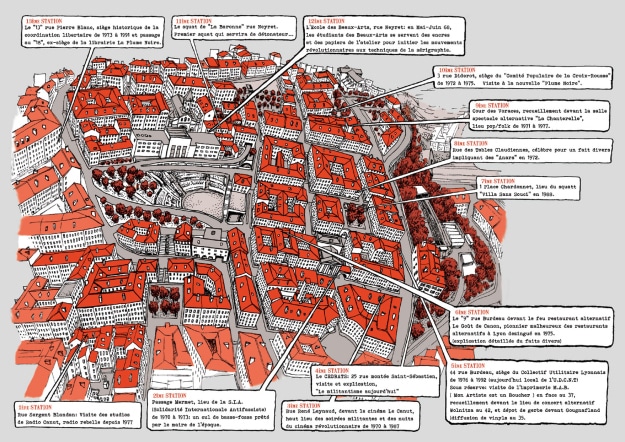 Plan de la visite guidée des sites "militants historiques" des pentes de la Croix-Rousse par Papy@art - https://papyartblog.wordpress.com/ dessin d'Ivan Brun