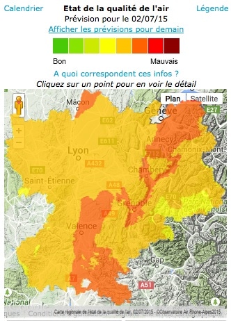 Capture d'écran des prévisions Air Rhône-Alpes pour le 2 juillet. 