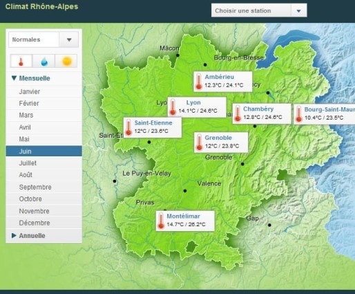 Capture d'écran du site de Météo France : températures moyennes au mois de juin dans la région 