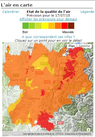 capture d'écran carte Air Rhône-Alpes du vendredi 17 juillet