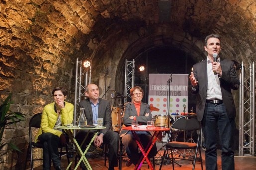 Sandrine Rousseau (EELV), Pierre Larrouturou (ND) et Martine Billard (PG), lors d'un meeting à la Bastille de Grenoble, le 18 mars 2015. Crédit : Véronique Serre.