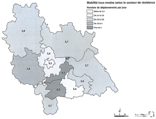 Chaque personne réalise en moyenne 3,55 déplacements par jour sur l’aire métropolitaine de Lyon.