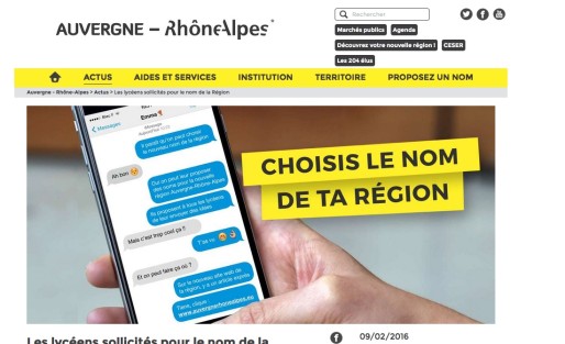 La campagne de consultation pour choisir le nom de la région Auvergne-Rhône-Alpes est ouverte jusqu'au 25 mars 2016. Capture d'écran 