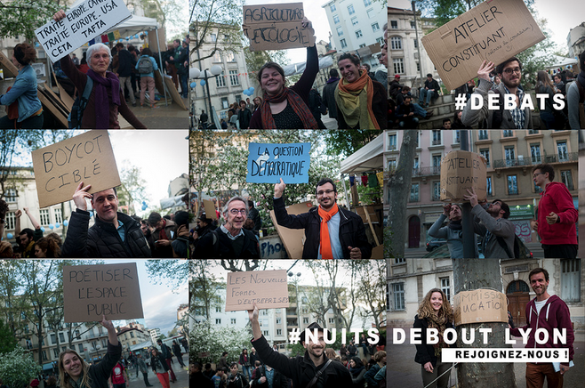 Visuel présentant quelques groupes de travail de "Nuit Debout Lyon" par le photographe Henri Granjean . CC-BY-SA Nuit Debout Lyon