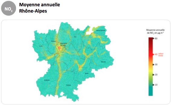 Capture d'écran Air Rhône-Alpes. Bilan de la qualité de l'air en 2015. Pollution au dioxyde d'azote.