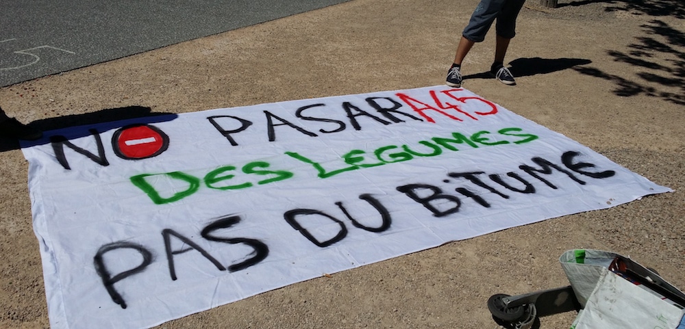 Elus, habitants des Monts du Lyonnais mais aussi militants écolos radicaux avaient fait le déplacement contre l'A45. Ici, une banderole d'un militant se présentant comme "zadiste" qui dénonce la destruction de 500 ha de terres agricoles sur le tracé de l'A45. ©LB/Rue89Lyon