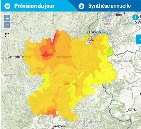Pollution à l'ozone pour Rhône-Alpes ce vendredi 26 août. Capture d'écran Air Rhône-Alpes.