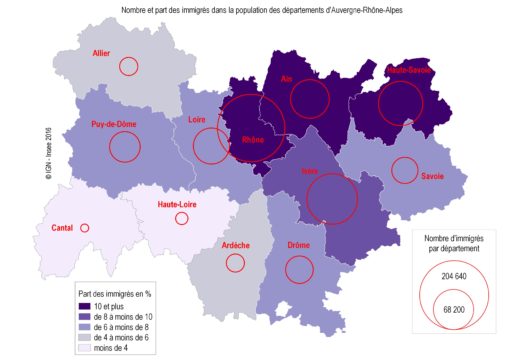 Les immigrés sont plus présents dans les départements urbanisés ou frontaliers. © INSEE Rhône-Alpes