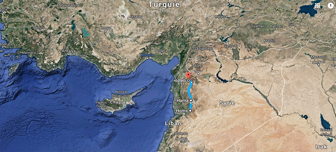 Les quatre villes de la "deuxième étape du voyage" des convois humanitaires de Free Syria Lyon. ©GoogleMaps