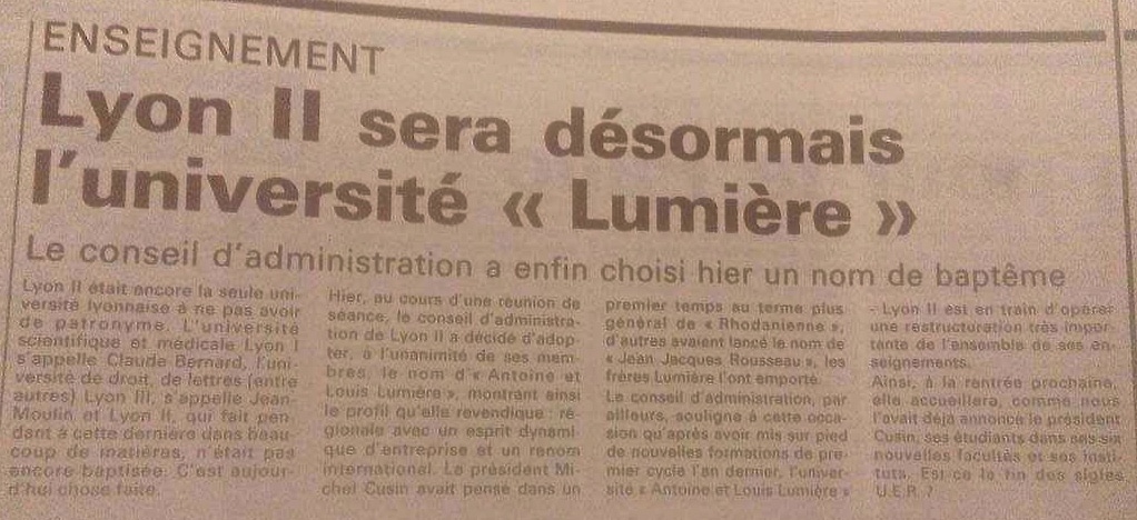 L'article du Progrès du 31 mai 1986, consacré au nouveau nom de l'université Lyon II. ©Rue89Lyon