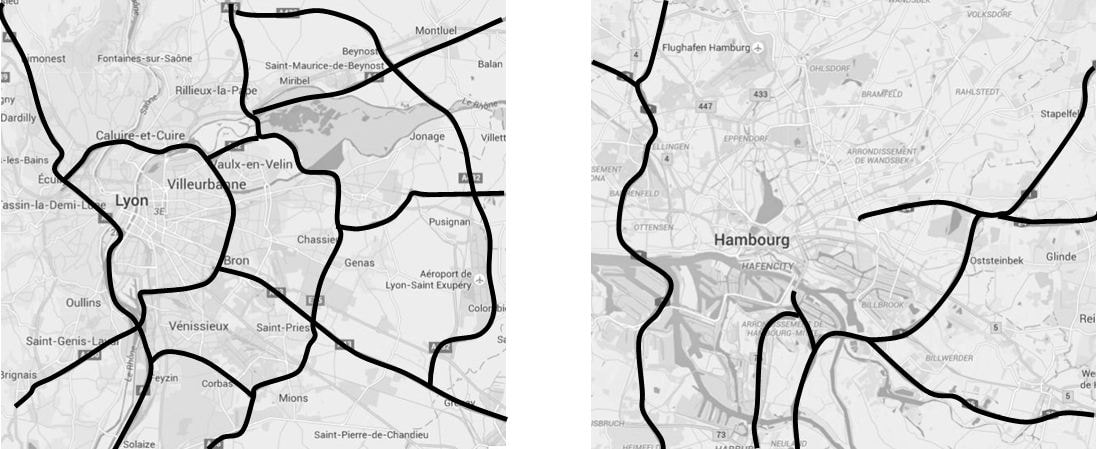 Réseau de voies rapides à Lyon (aire urbaine 2 millions d’habitants) et à Hambourg (aire urbaine 3,5 millions d’habitants) à la même échelle. Lyon dispose d’un réseau de voies rapides largement plus dense et maillé. Pourtant la faiblesse de son réseau autoroutier n’empêche pas Hambourg d’être la métropole la plus prospère d’Allemagne.