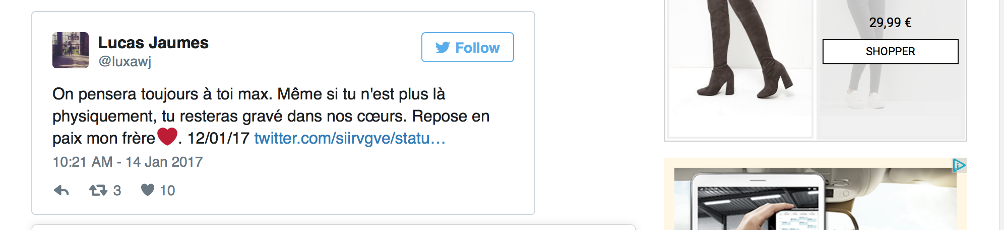 Tweet d'hommage à Maxime