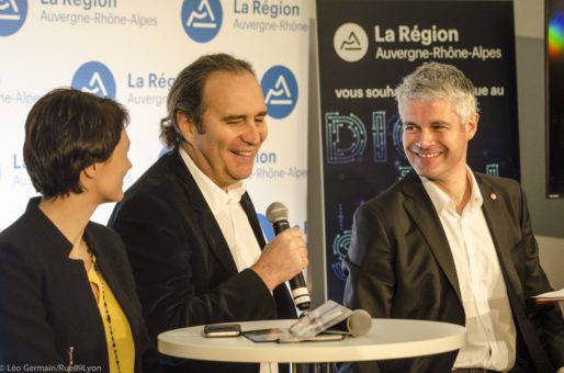 Laurent Wauquiez, Juliette Jarry, vice-présidente de la région en charge du numérique et Xavier Niel, patron de FREE au Digital Summit le 30 janvier 2017 à Lyon. ©Léo Germain/Rue89Lyon