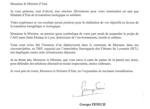 Lettre de Georges Fenech envoyée à Nicolas Hulot sur l'A45