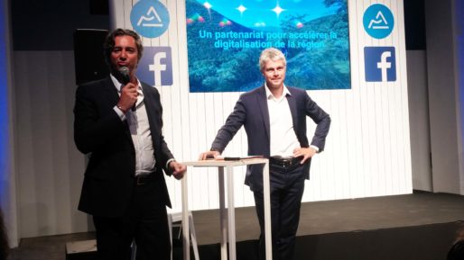 Laurent Solly, directeur de Facebook pour l'Europe du Sud et Laurent Wauquiez à la Sucrière le 3 juillet lors de la présentation du partenariat entre Facebook et la région Auvergne-Rhône-Alpes. Photo BE/Rue89Lyon