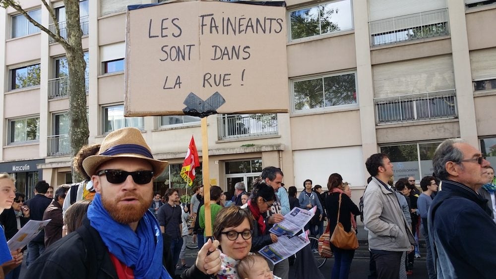 Baptiste et Agnès, deux sympathisants de la France insoumise à la manif du 12 septembre à Lyon. ©LB/Rue89Lyon