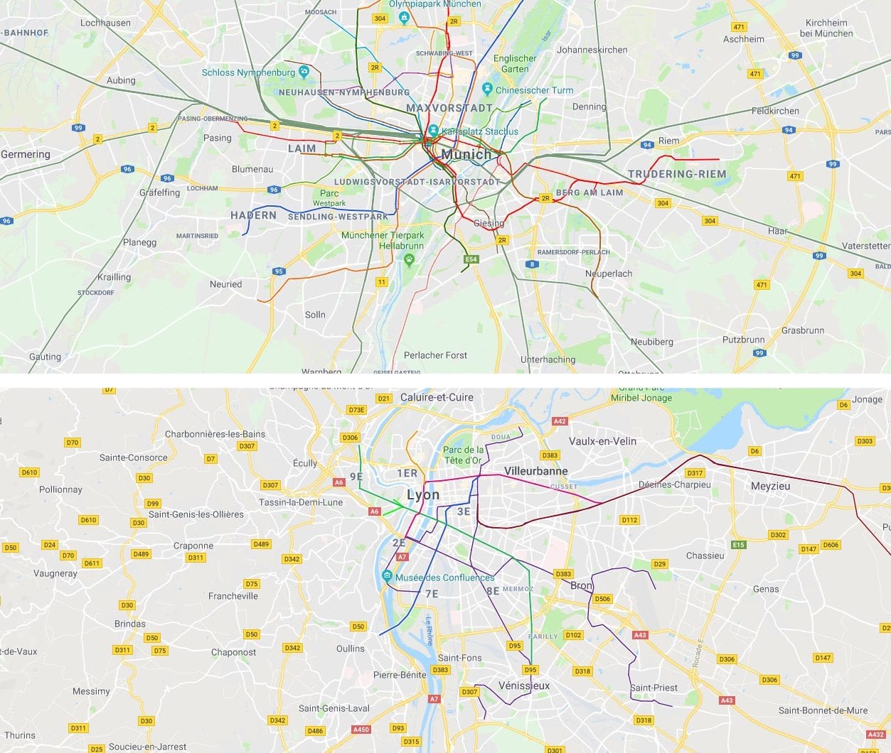 A la même échelle, les réseaux de transports en commun à Munich (métro, tram et RER) et à Lyon (tram + métro uniquement - les trains régionaux n’étant pas intégrés au réseau de transports en commun lyonnais et faisant l’objet d’une tarification distincte). L'agglomération de Munich est comparable à celle de Lyon en terme de population d'après l'INSEE. On voit donc que si le réseau de Lyon-Villeurbanne est performant, il y a une grande marge de progression pour la desserte de la périphérie, à l'est comme à l'ouest.
