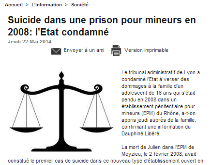 L’Etat condamné après le suicide de Julien à la prison pour mineurs de Meyzieu
