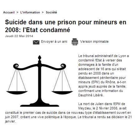 L’Etat condamné après le suicide de Julien à la prison pour mineurs de Meyzieu