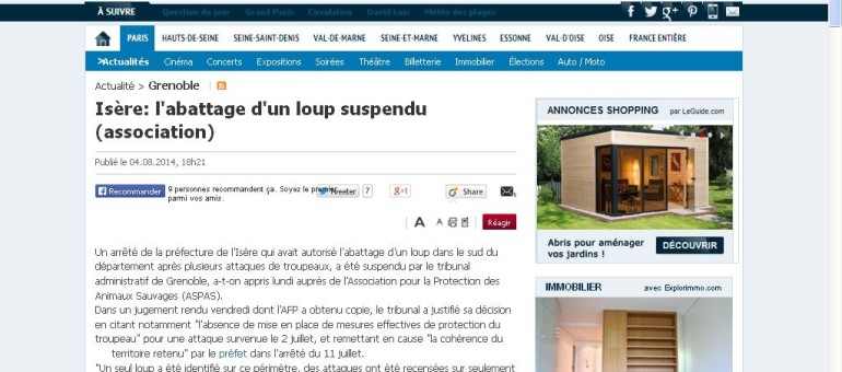 Abattage du loup en Isère : l’arrêté préfectoral suspendu