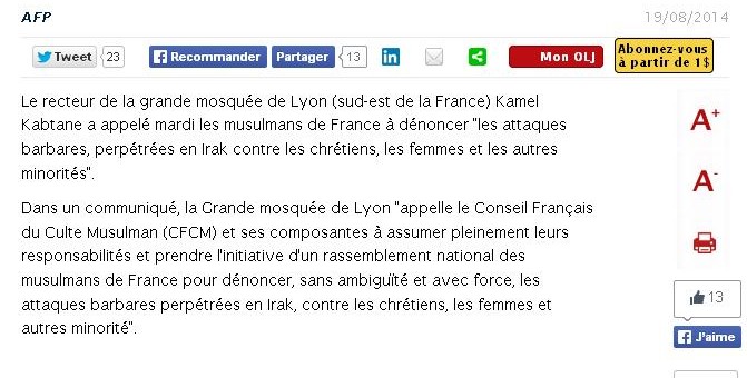 La Grande mosquée de Lyon appelle à dénoncer les violences contre les chrétiens d’Irak