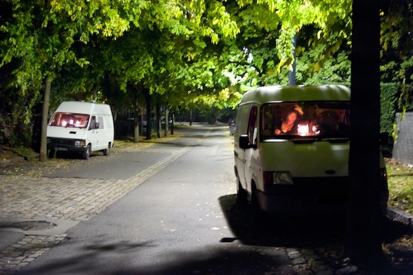 Camionnettes de prostituées zone industrielle de l'Artillerie, dans le quartier de Gerland à Lyon. Photo prise en novembre 2011. ©Natacha Boutkevitch