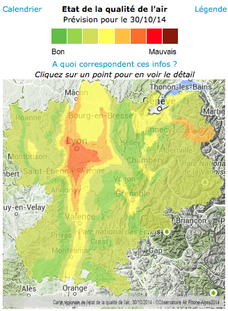Carte des zones polluées en Rhône-Alpes le 30 octobre. ©Air Rhône-Alpes