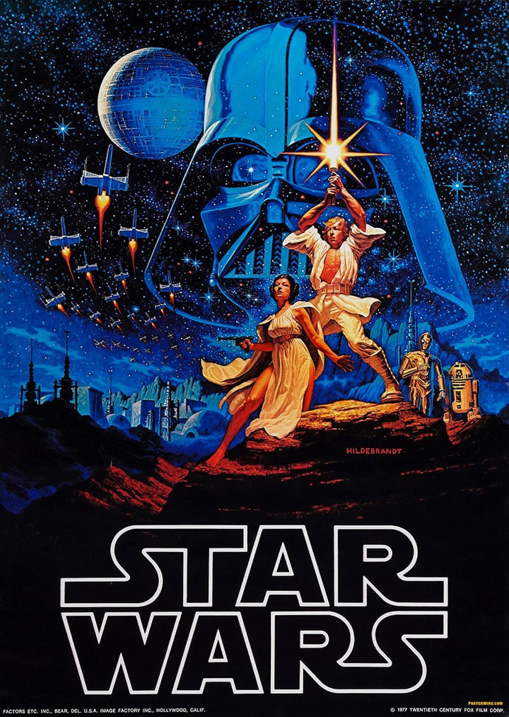 Le tout premier poster de Star Wars par les frères Hildebrandt, 1976, avant la sortie du film. Source : dailygeekshow.com.