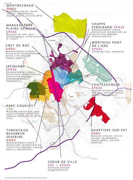 Cartes des aménagements. Source : www.saint-etienne.fr/cadre-vie/projet-urbain.