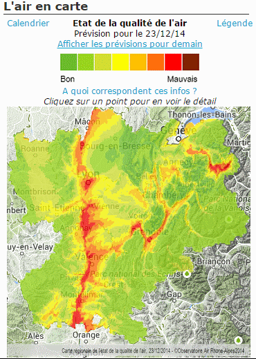 Carte de l' »épisode de pollution » du 23 décembre 2014. Capture d’écran d’Air Rhône-Alpes