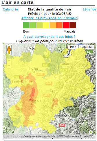 Pollution en Rhône-Alpes mercredi 3 juin. Capture d'écran Air Rhône-Alpes.