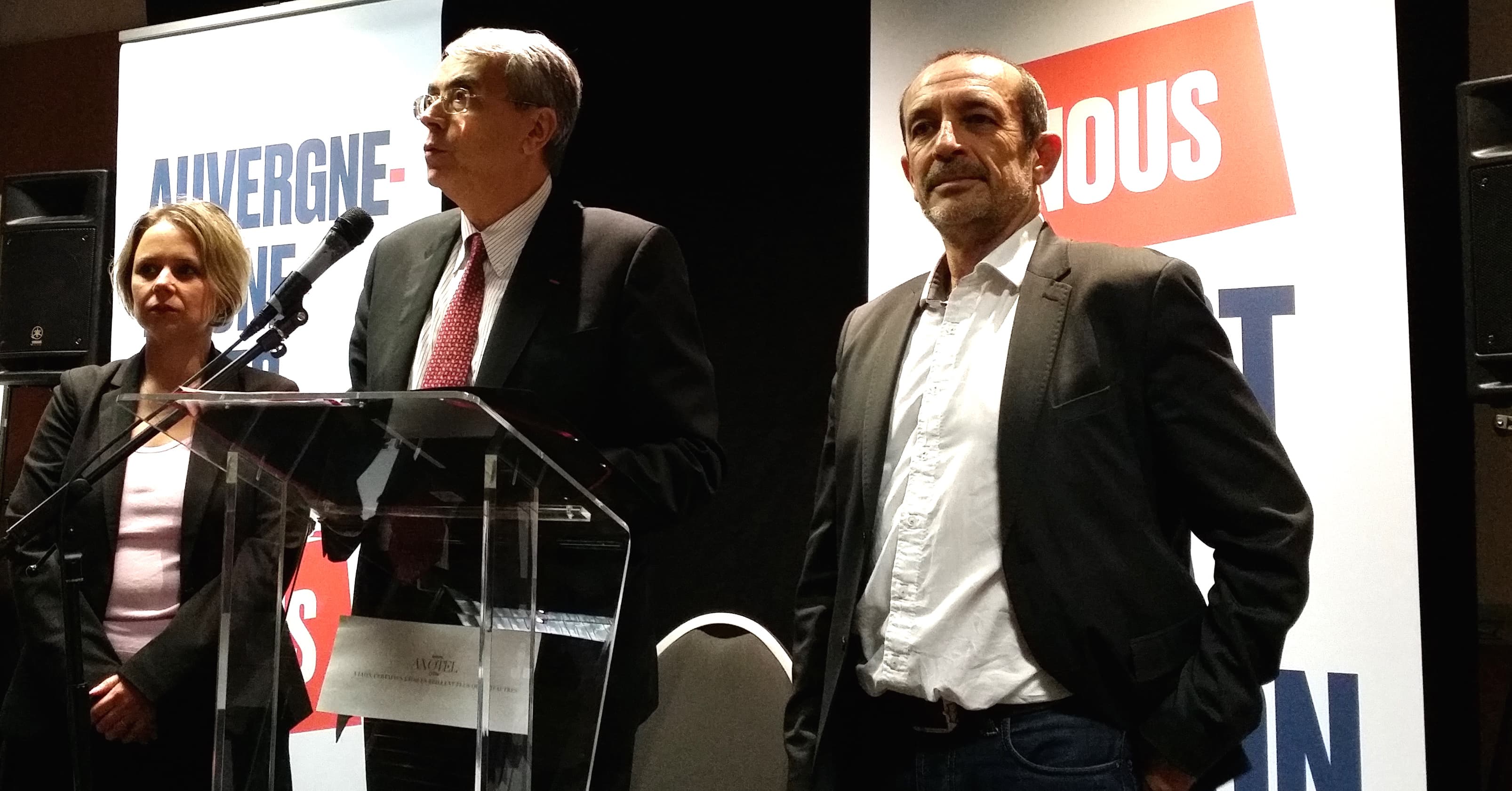 De gauche à droite : Cécile Cukierman (PCF), Jean-Jack Queyranne (PS) et Jean-Charles Kohlass (EELV) lors de la conférence de presse annonçant un accord de fusion de leur liste. ©LB/Rue89Lyon