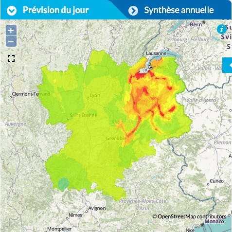 pic de pollution au 23 mars. Capture d'écran Air Rhône-Alpes