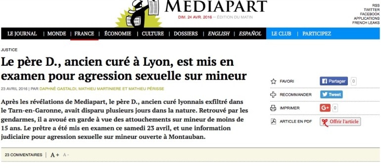 L’ex-curé « exfiltré » par le diocèse de Lyon mis en examen pour pédophilie