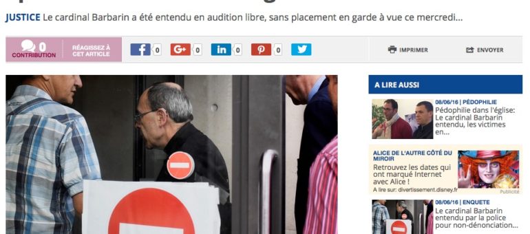 Pédophilie : Le cardinal Barbarin auditionné pendant 10 heures par la police
