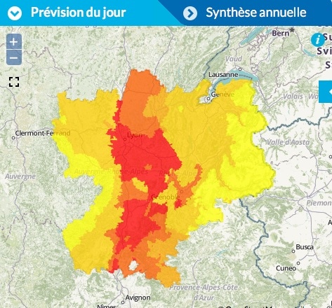 Dimanche 10 juillet, pollution à l'ozone sur l'ensemble de Rhône-Alpes. Capture d'écran Air Rhône-Alpes