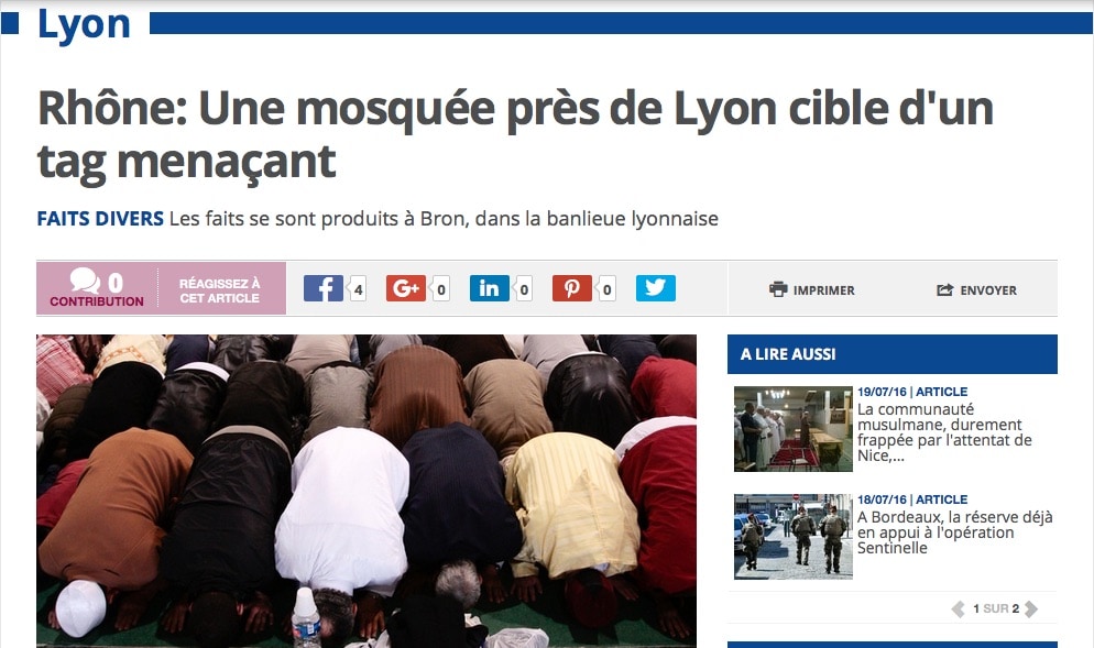 Un tag islamophobe sur la mosquée de Bron