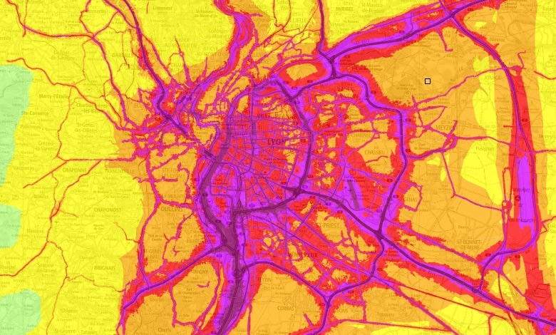Carte de la pollution air-bruit de Lyon. Capture d'écran Orhane.