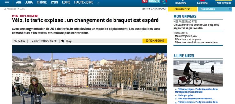 Dans la Métropole de Lyon, le trafic vélo a augmenté de 26% en 2016